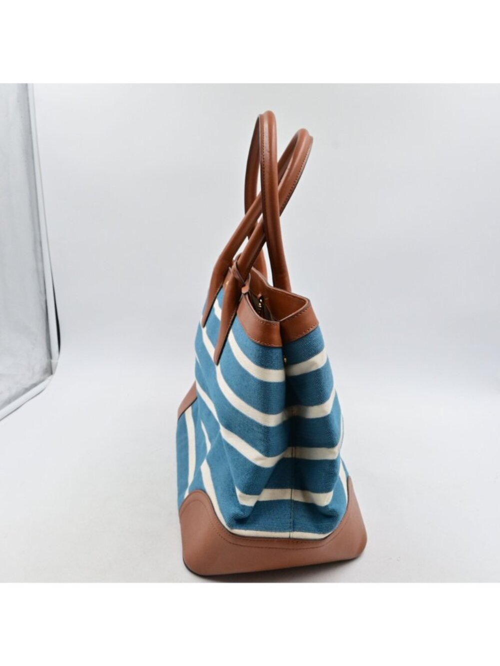 Lauren Ralph Lauren Fairfield City Striped Canvas Tote Bag Tan Leather Trim - Picture 6 of 16